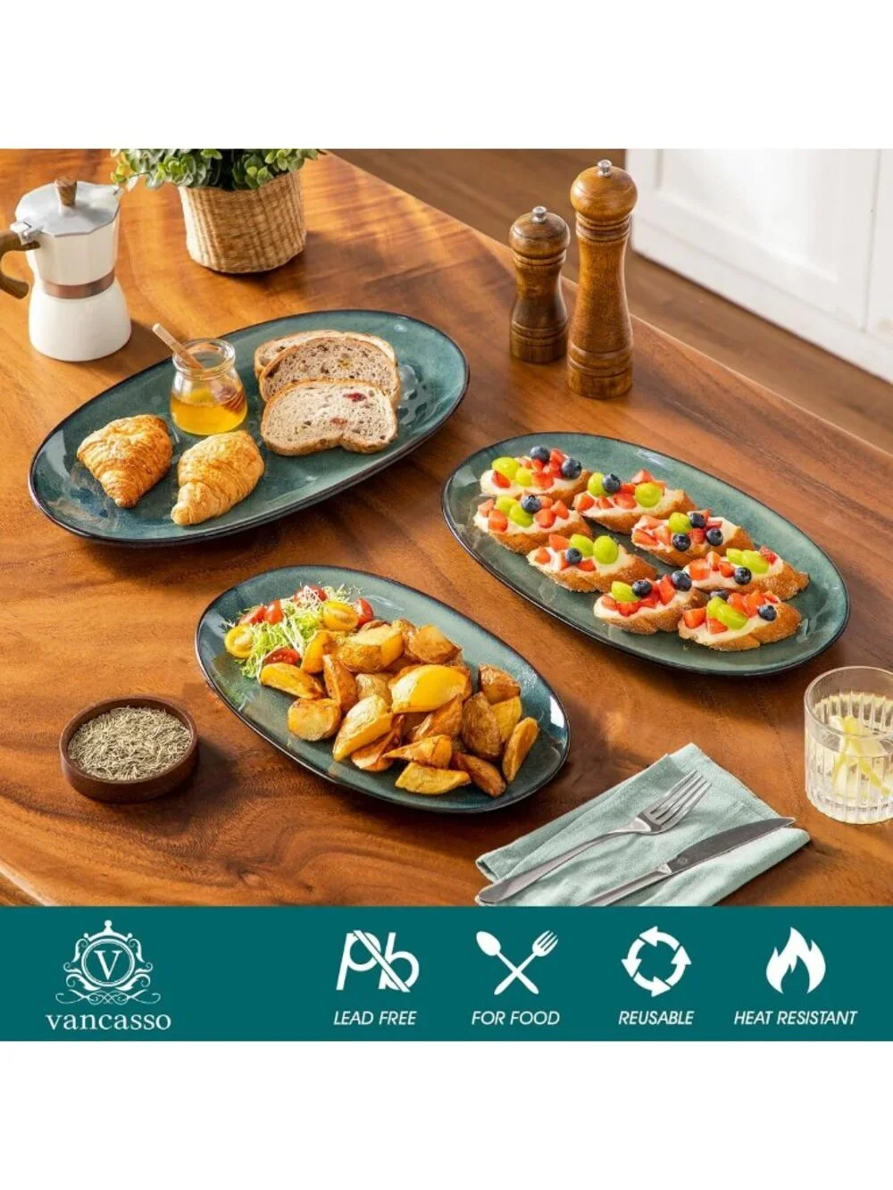 Ceramic Serving Platters Set of 3 - Oval Stoneware Dishes for Entertaining